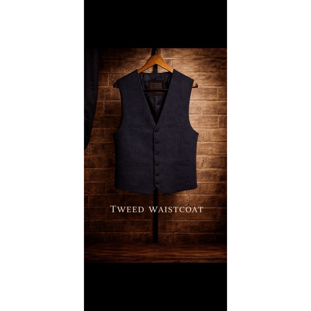Celtic Ranchwear Herringbone Tweed‎ Vest Mens XL Waistcoat Lined Wool Blend Blue